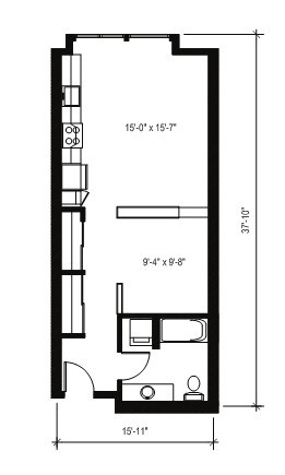 Floor plan for studio, 1 bath, 595 sqft
